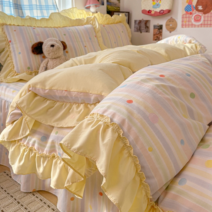 91家纺网 家纺一手货源 找家纺 富米莱（原臻工厂） 2026春夏新款仿棉A类韩系大花边床盖床裙四件套 七彩点点