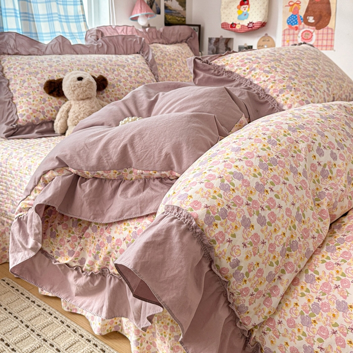 91家纺网 家纺一手货源 找家纺 富米莱（原臻工厂） 2026春夏新款仿棉A类韩系大花边床盖床裙四件套 山樱漫岛