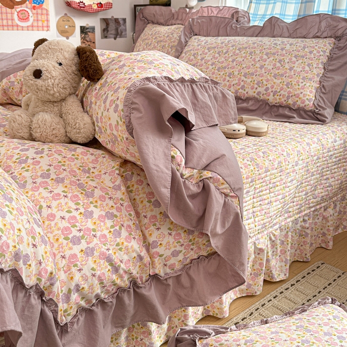 91家纺网 家纺一手货源 找家纺 富米莱（原臻工厂） 2026春夏新款仿棉A类韩系大花边床盖床裙四件套 山樱漫岛