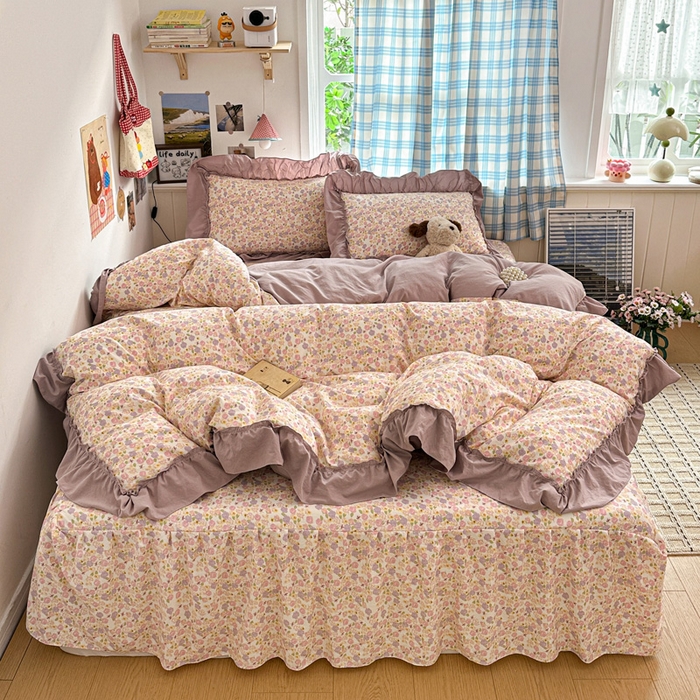 91家纺网 家纺一手货源 找家纺 富米莱（原臻工厂） 2026春夏新款仿棉A类韩系大花边床盖床裙四件套 山樱漫岛