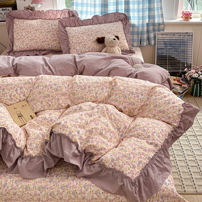 91家纺网 家纺一手货源 找家纺 富米莱（原臻工厂） 2026春夏新款仿棉A类韩系大花边床盖床裙四件套 山樱漫岛