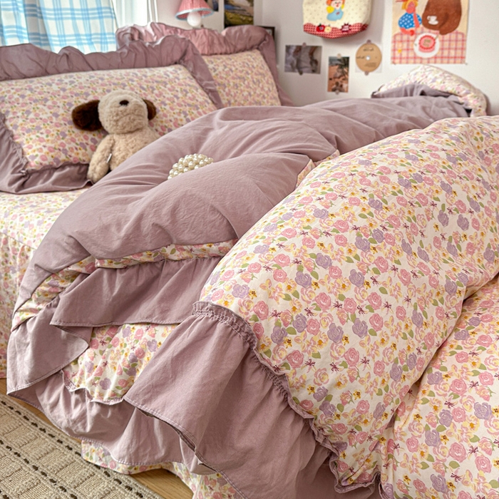 91家纺网 家纺一手货源 找家纺 富米莱（原臻工厂） 2026春夏新款仿棉A类韩系大花边床盖床裙四件套 山樱漫岛