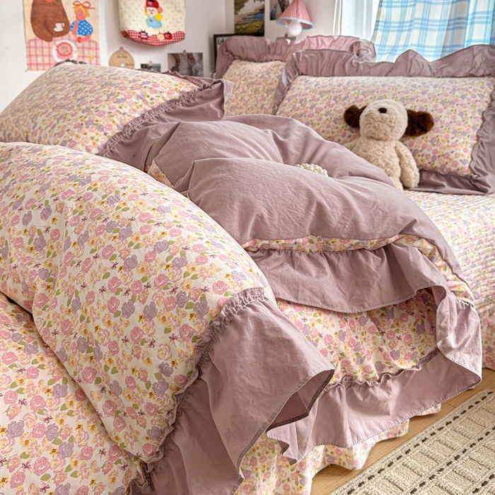 91家纺网 家纺一手货源 找家纺 富米莱（原臻工厂） 2026春夏新款仿棉A类韩系大花边床盖床裙四件套 山樱漫岛