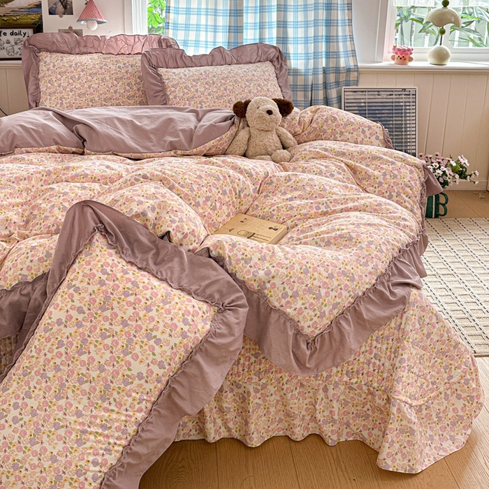 91家纺网 家纺一手货源 找家纺 富米莱（原臻工厂） 2026春夏新款仿棉A类韩系大花边床盖床裙四件套 山樱漫岛