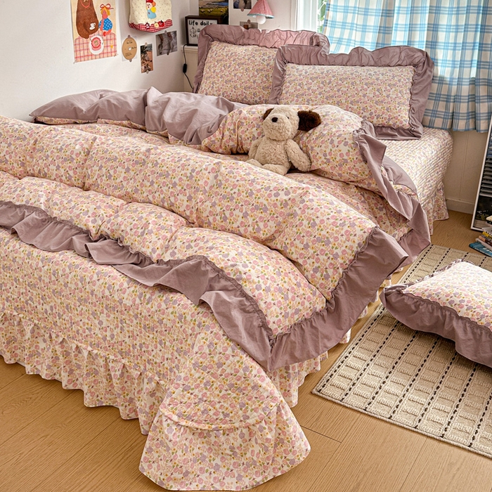 91家纺网 家纺一手货源 找家纺 富米莱（原臻工厂） 2026春夏新款仿棉A类韩系大花边床盖床裙四件套 山樱漫岛