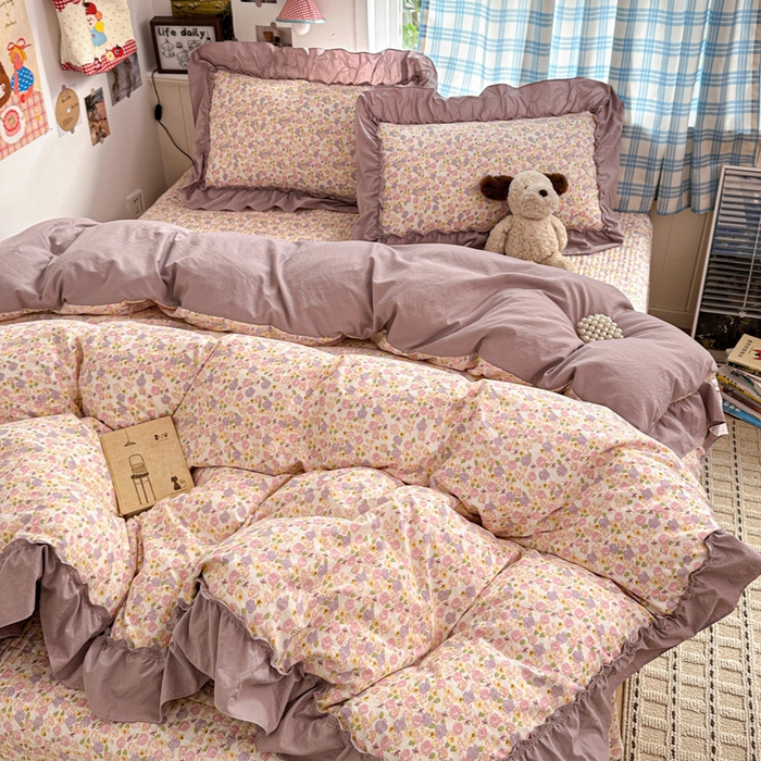 91家纺网 家纺一手货源 找家纺 富米莱（原臻工厂） 2026春夏新款仿棉A类韩系大花边床盖床裙四件套 山樱漫岛