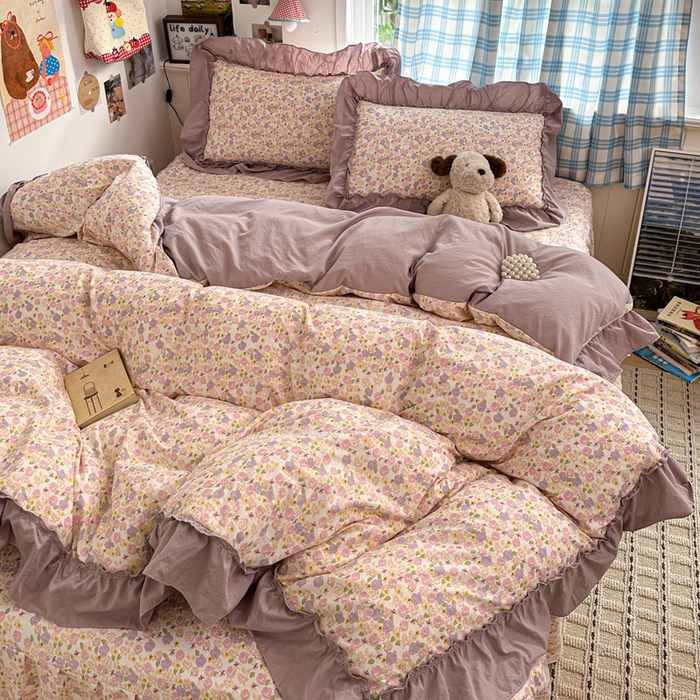 91家纺网 家纺一手货源 找家纺 富米莱（原臻工厂） 2026春夏新款仿棉A类韩系大花边床盖床裙四件套 山樱漫岛