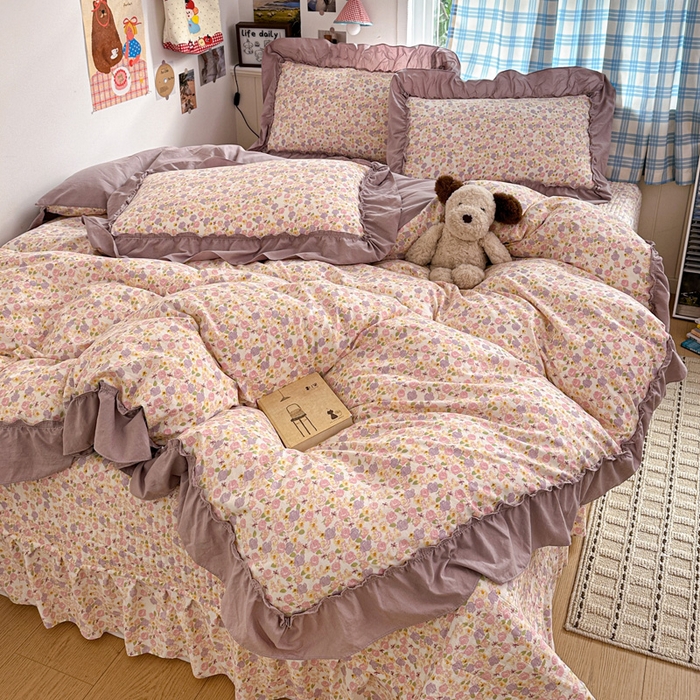 91家纺网 家纺一手货源 找家纺 富米莱（原臻工厂） 2026春夏新款仿棉A类韩系大花边床盖床裙四件套 山樱漫岛