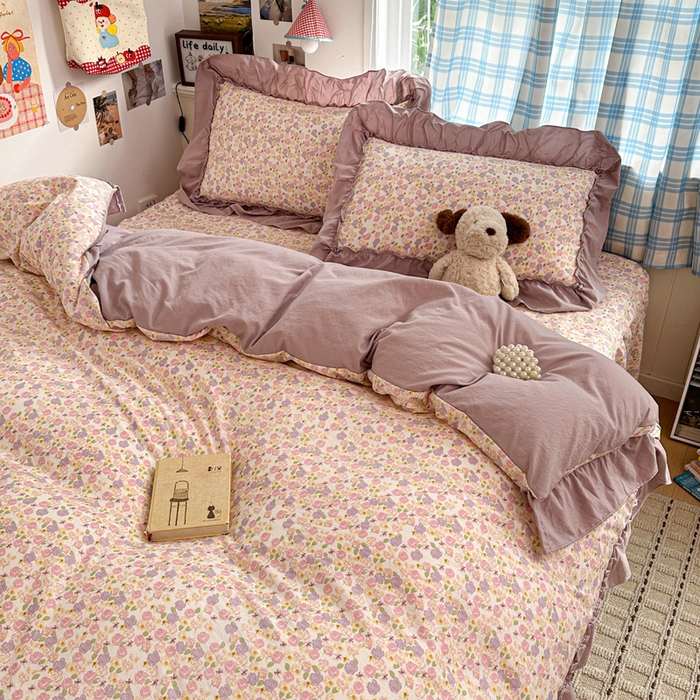 91家纺网 家纺一手货源 找家纺 富米莱（原臻工厂） 2026春夏新款仿棉A类韩系大花边床盖床裙四件套 山樱漫岛