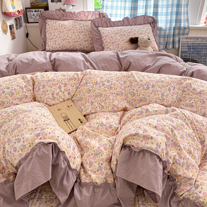 91家纺网 家纺一手货源 找家纺 富米莱（原臻工厂） 2026春夏新款仿棉A类韩系大花边床盖床裙四件套 山樱漫岛