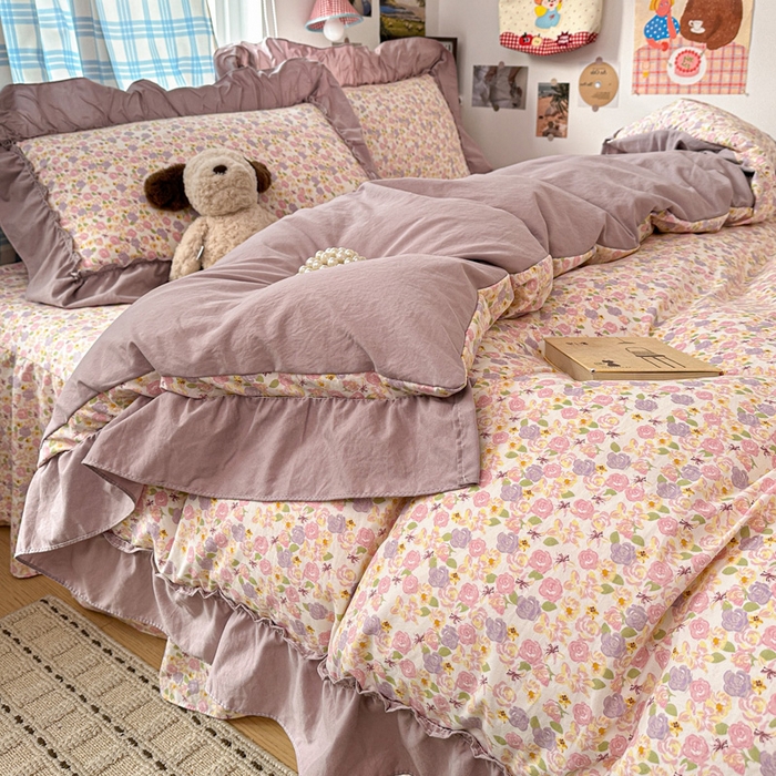 91家纺网 家纺一手货源 找家纺 富米莱（原臻工厂） 2026春夏新款仿棉A类韩系大花边床盖床裙四件套 山樱漫岛