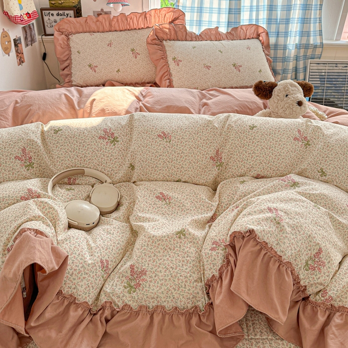 91家纺网 家纺一手货源 找家纺 富米莱（原臻工厂） 2026春夏新款仿棉A类韩系大花边床盖床裙四件套 晚樱落海