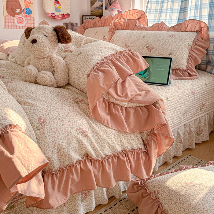 91家纺网 家纺一手货源 找家纺 富米莱（原臻工厂） 2026春夏新款仿棉A类韩系大花边床盖床裙四件套 晚樱落海