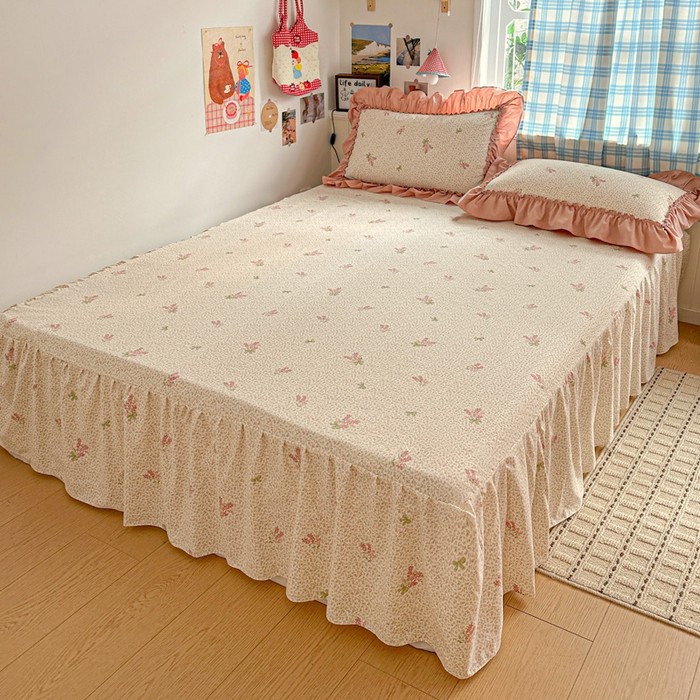 91家纺网 家纺一手货源 找家纺 富米莱（原臻工厂） 2026春夏新款仿棉A类韩系大花边床盖床裙四件套 晚樱落海