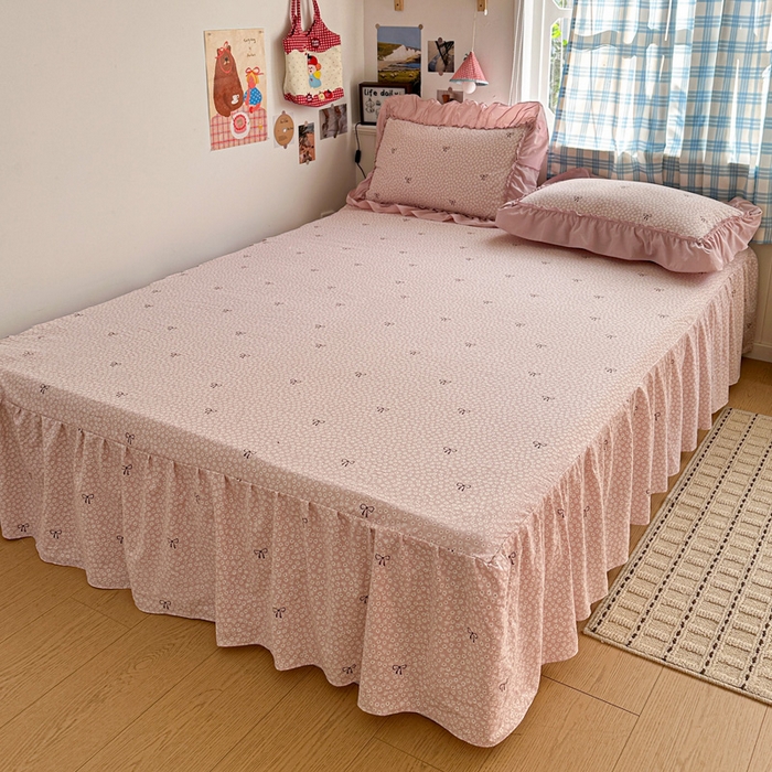 91家纺网 家纺一手货源 找家纺 富米莱（原臻工厂） 2026春夏新款仿棉A类韩系大花边床盖床裙四件套 小花粉