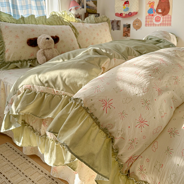 91家纺网 家纺一手货源 找家纺 富米莱（原臻工厂） 2026春夏新款仿棉A类韩系大花边床盖床裙四件套 烟火气星辰