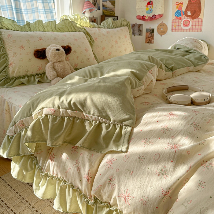 91家纺网 家纺一手货源 找家纺 富米莱（原臻工厂） 2026春夏新款仿棉A类韩系大花边床盖床裙四件套 烟火气星辰