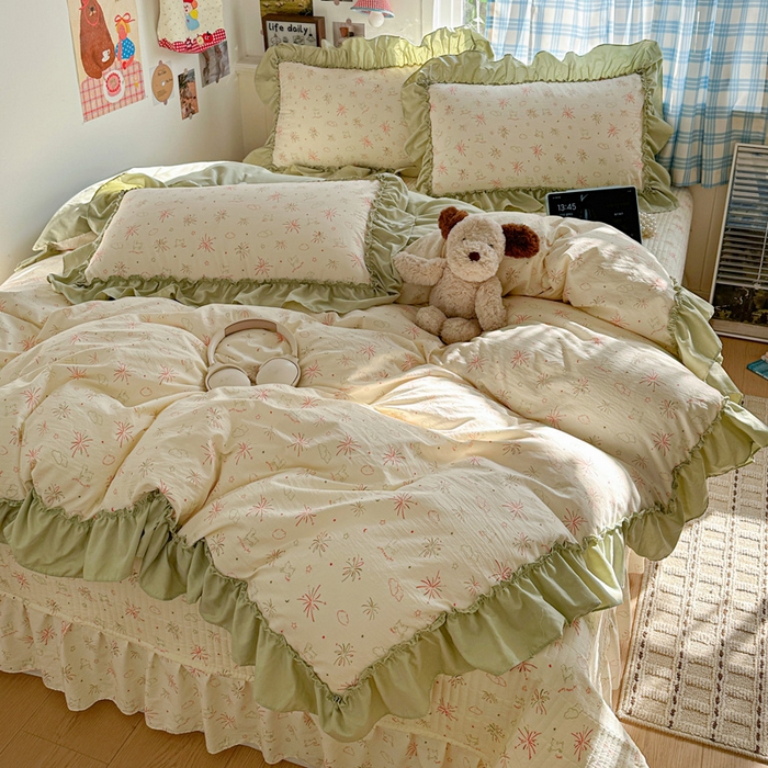 91家纺网 家纺一手货源 找家纺 富米莱（原臻工厂） 2026春夏新款仿棉A类韩系大花边床盖床裙四件套 烟火气星辰