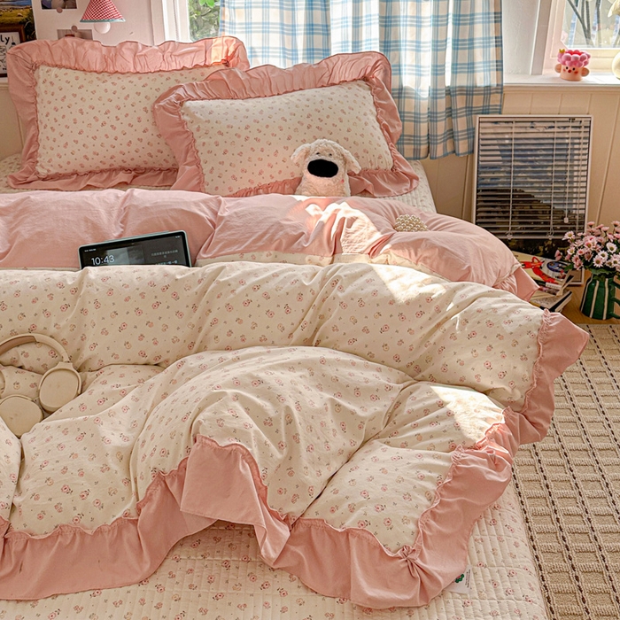 91家纺网 家纺一手货源 找家纺 富米莱（原臻工厂） 2026春夏新款仿棉A类韩系大花边床盖床裙四件套 悠悠花香