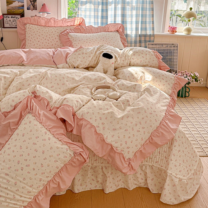 91家纺网 家纺一手货源 找家纺 富米莱（原臻工厂） 2026春夏新款仿棉A类韩系大花边床盖床裙四件套 悠悠花香