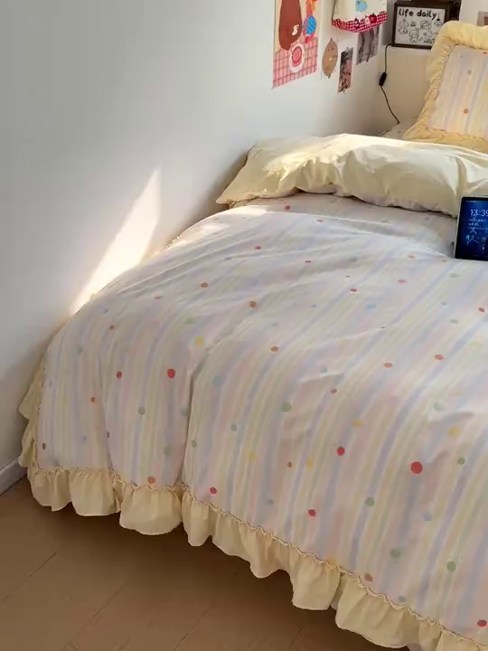 91家纺网 家纺一手货源 找家纺 富米莱（原臻工厂） 2026春夏新款仿棉A类韩系大花边床盖床裙四件套 七彩点点