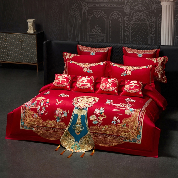 91家纺网 家纺一手货源 找家纺 红番天婚庆 （控价）2025新款全棉提花全棉贡缎提花新中式婚庆四件套多件套 百子祥瑞 