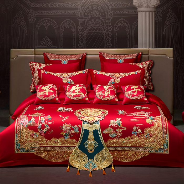 91家纺网 家纺一手货源 找家纺 红番天婚庆 （控价）2025新款全棉提花全棉贡缎提花新中式婚庆四件套多件套 百子祥瑞 