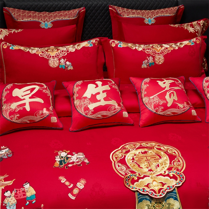 91家纺网 家纺一手货源 找家纺 红番天婚庆 （控价）2025新款全棉提花全棉贡缎提花新中式婚庆四件套多件套 百子祥瑞 