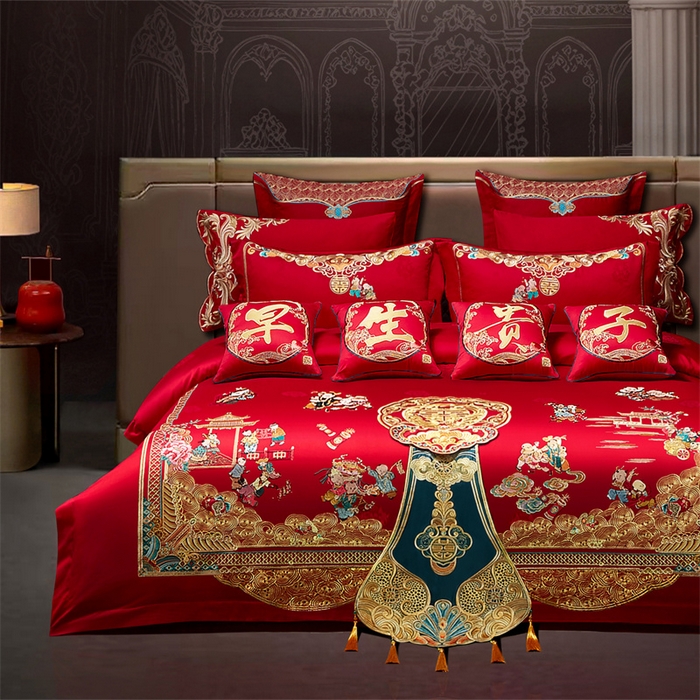 91家纺网 家纺一手货源 找家纺 红番天婚庆 （控价）2025新款全棉提花全棉贡缎提花新中式婚庆四件套多件套 百子祥瑞 