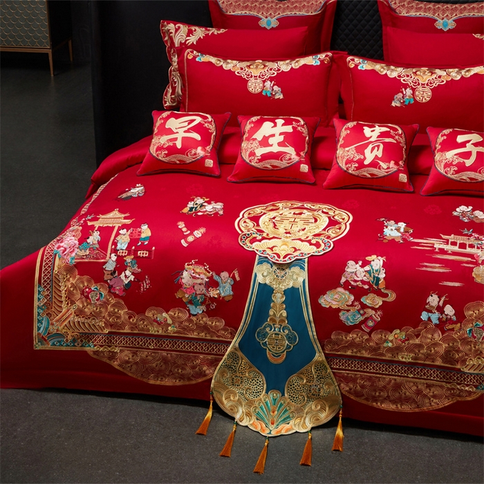 91家纺网 家纺一手货源 找家纺 红番天婚庆 （控价）2025新款全棉提花全棉贡缎提花新中式婚庆四件套多件套 百子祥瑞 