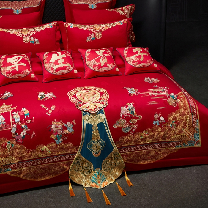 91家纺网 家纺一手货源 找家纺 红番天婚庆 （控价）2025新款全棉提花全棉贡缎提花新中式婚庆四件套多件套 百子祥瑞 
