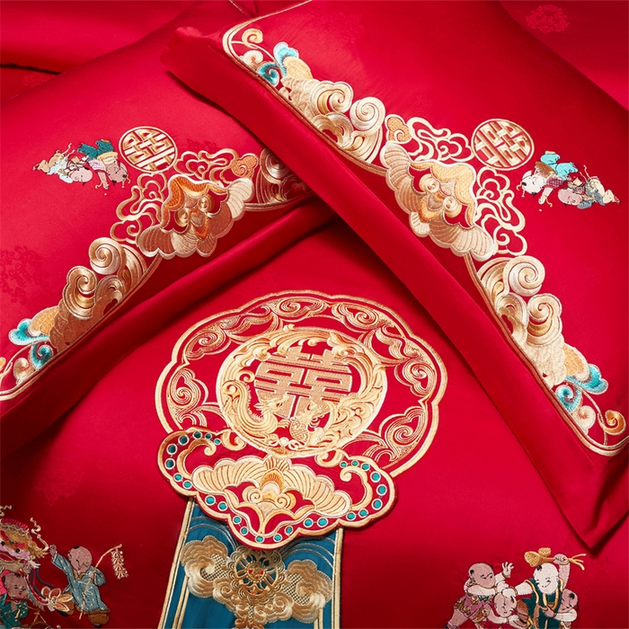 91家纺网 家纺一手货源 找家纺 红番天婚庆 （控价）2025新款全棉提花全棉贡缎提花新中式婚庆四件套多件套 百子祥瑞 