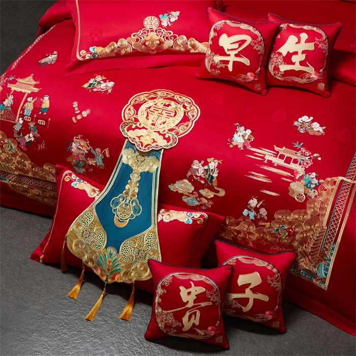 91家纺网 家纺一手货源 找家纺 红番天婚庆 （控价）2025新款全棉提花全棉贡缎提花新中式婚庆四件套多件套 百子祥瑞 