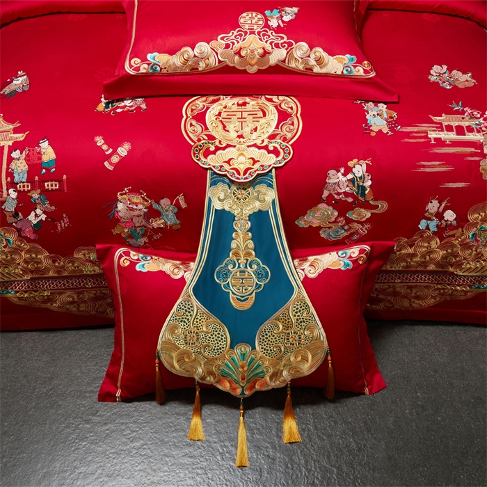 91家纺网 家纺一手货源 找家纺 红番天婚庆 （控价）2025新款全棉提花全棉贡缎提花新中式婚庆四件套多件套 百子祥瑞 