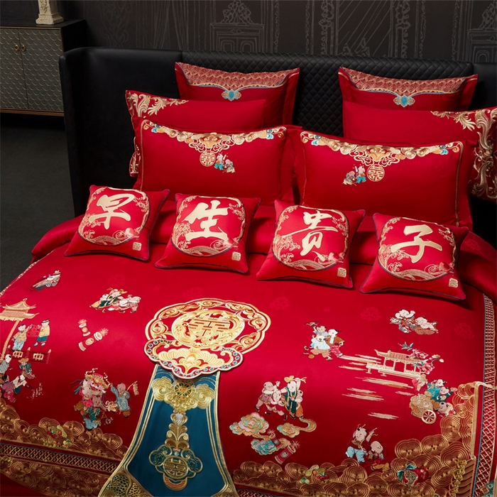 91家纺网 家纺一手货源 找家纺 红番天婚庆 （控价）2025新款全棉提花全棉贡缎提花新中式婚庆四件套多件套 百子祥瑞 