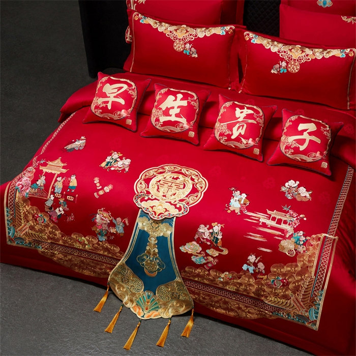 91家纺网 家纺一手货源 找家纺 红番天婚庆 （控价）2025新款全棉提花全棉贡缎提花新中式婚庆四件套多件套 百子祥瑞 