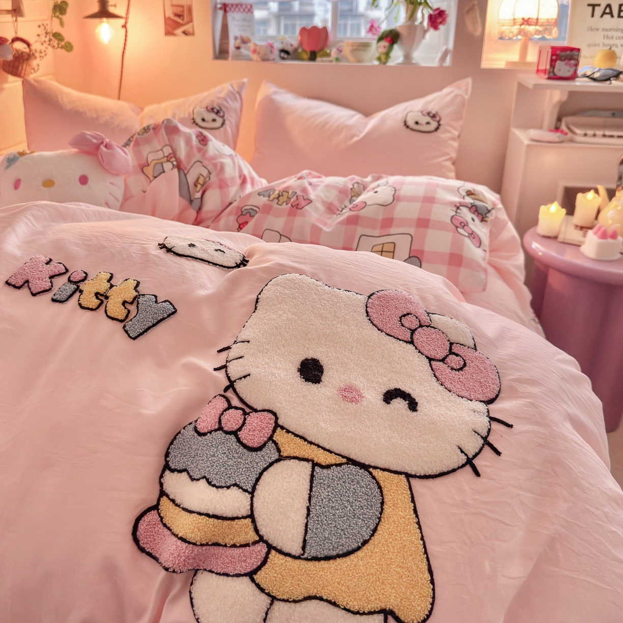 91家纺网 家纺一手货源 找家纺 优卡迪家纺馆 2026新款水洗棉印加绣四件套 甜梦小喵-玉粉