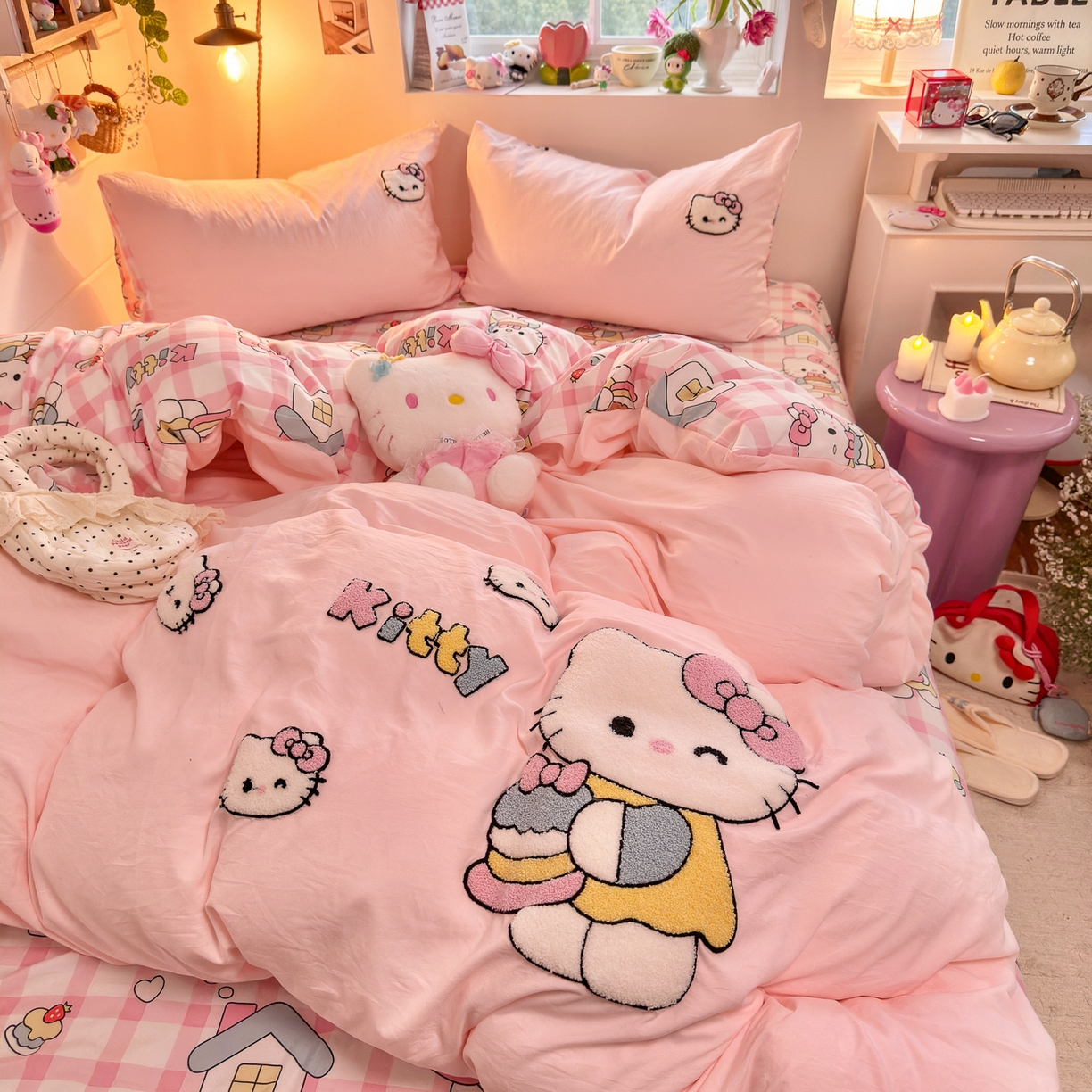 91家纺网 家纺一手货源 找家纺 优卡迪家纺馆 2026新款水洗棉印加绣四件套 甜梦小喵-玉粉