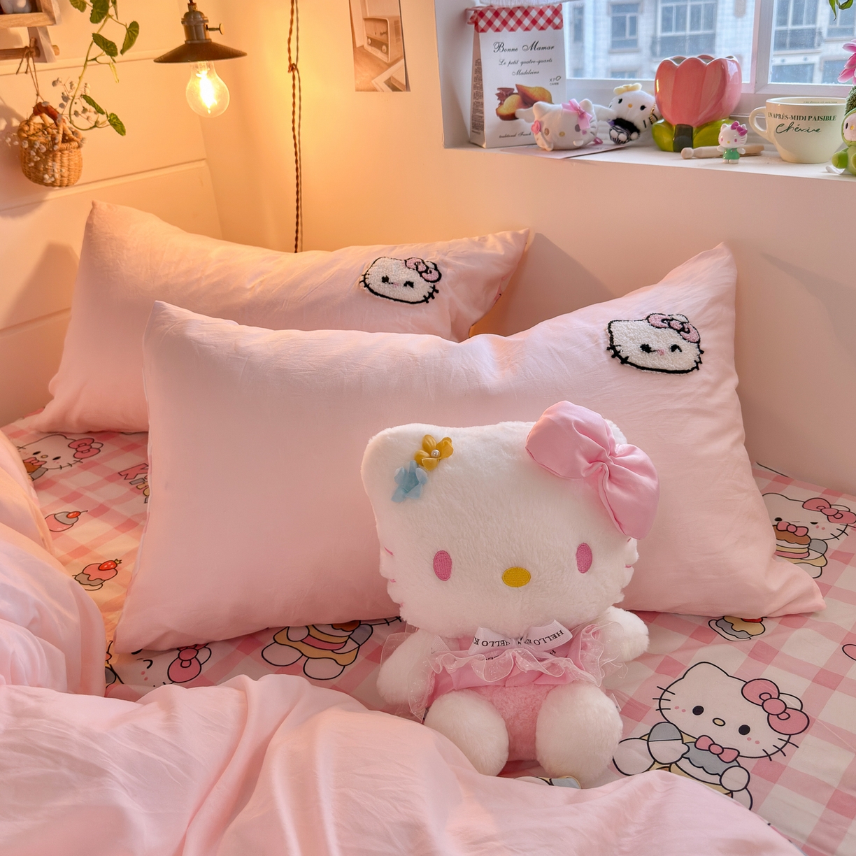 91家纺网 家纺一手货源 找家纺 优卡迪家纺馆 2026新款水洗棉印加绣四件套 甜梦小喵-玉粉