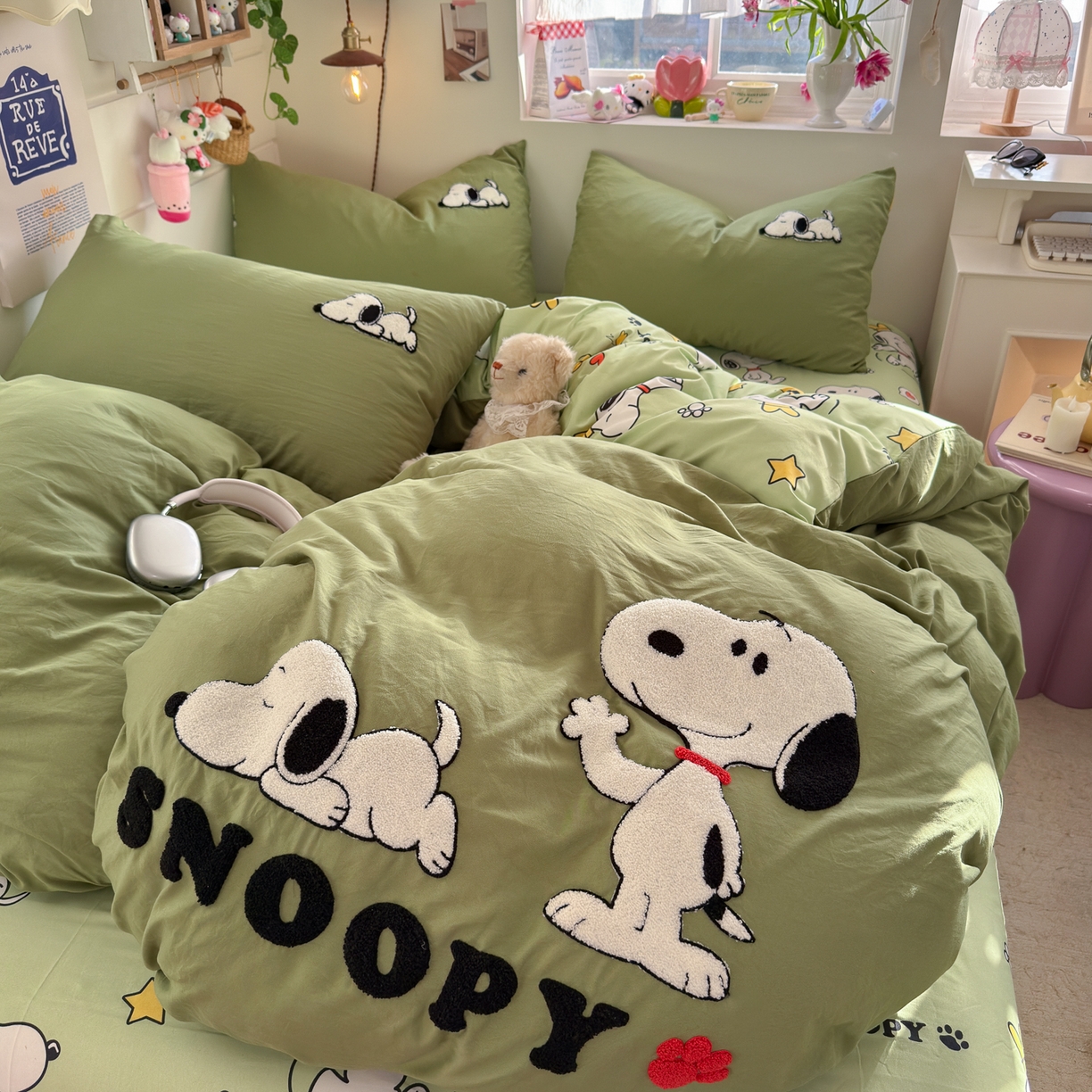 91家纺网 家纺一手货源 找家纺 优卡迪家纺馆 2026新款水洗棉印加绣四件套 花生布丁狗-茶绿