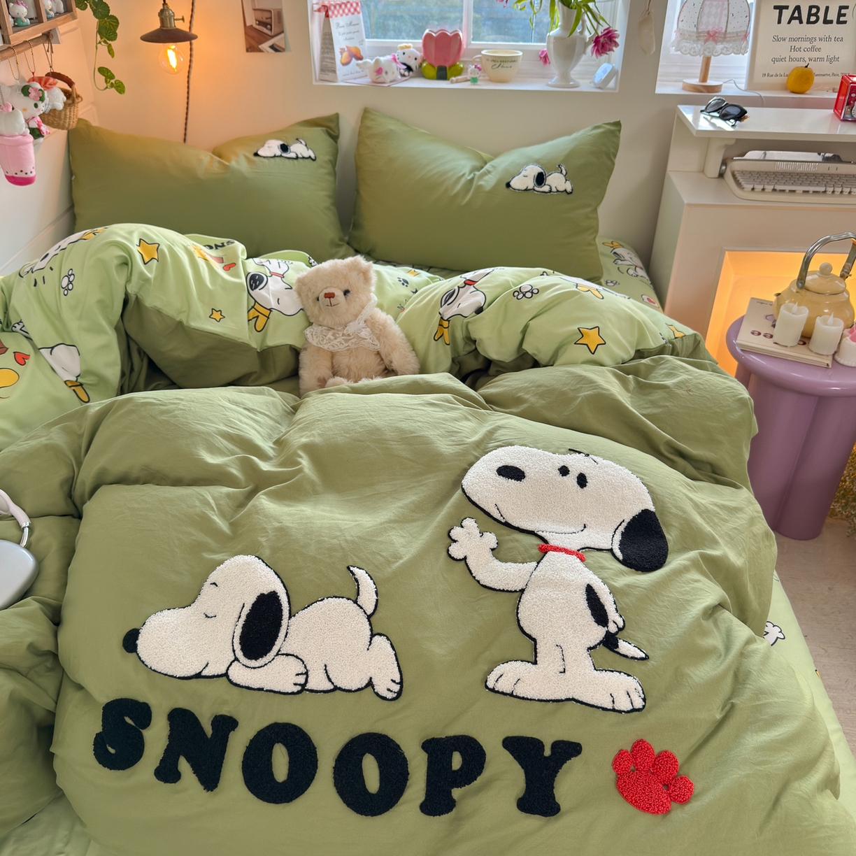 91家纺网 家纺一手货源 找家纺 优卡迪家纺馆 2026新款水洗棉印加绣四件套 花生布丁狗-茶绿