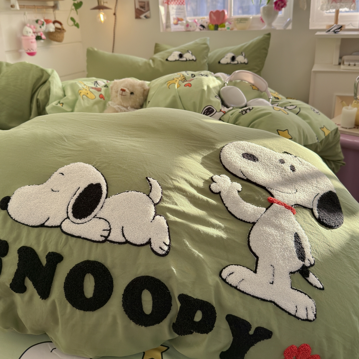 91家纺网 家纺一手货源 找家纺 优卡迪家纺馆 2026新款水洗棉印加绣四件套 花生布丁狗-茶绿