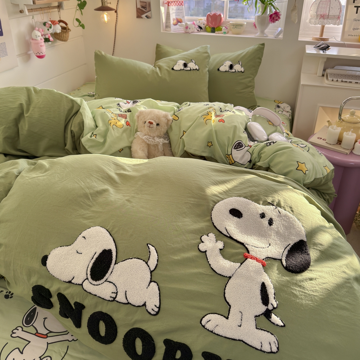 91家纺网 家纺一手货源 找家纺 优卡迪家纺馆 2026新款水洗棉印加绣四件套 花生布丁狗-茶绿