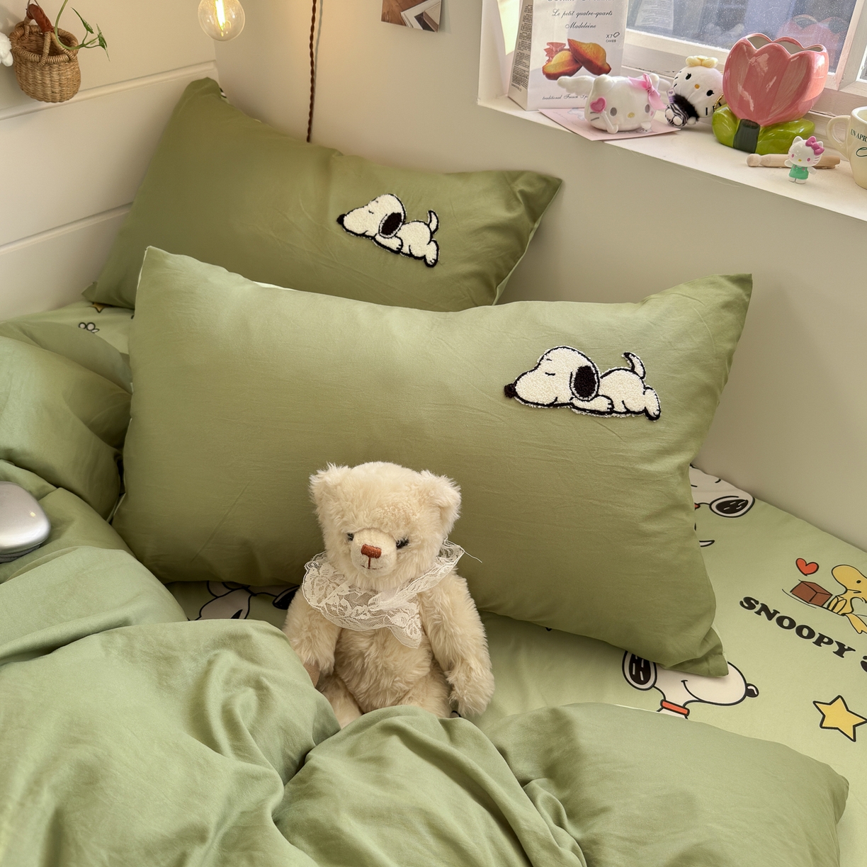 91家纺网 家纺一手货源 找家纺 优卡迪家纺馆 2026新款水洗棉印加绣四件套 花生布丁狗-茶绿