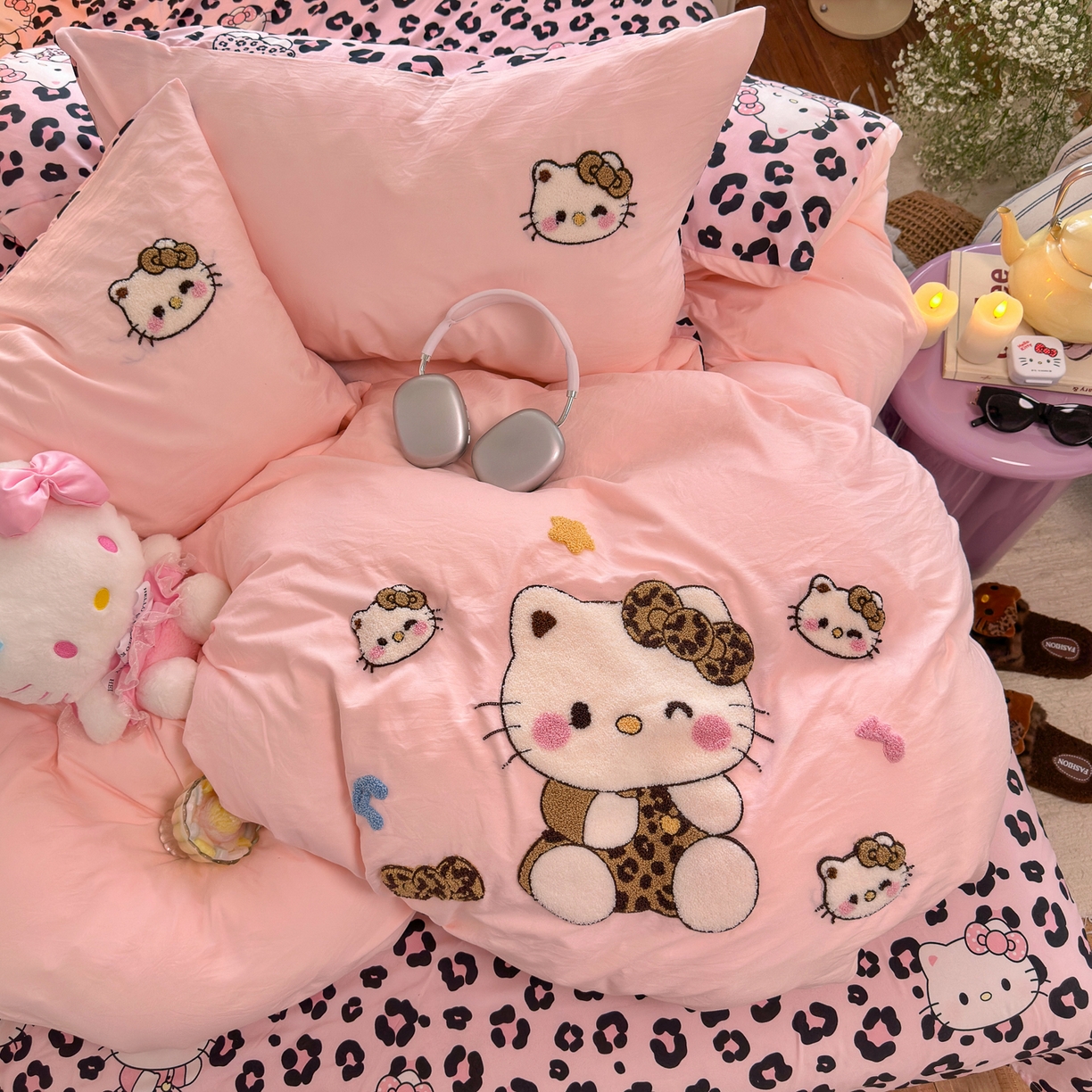 91家纺网 家纺一手货源 找家纺 优卡迪家纺馆 2026新款水洗棉印加绣四件套 豹纹KT-玉粉