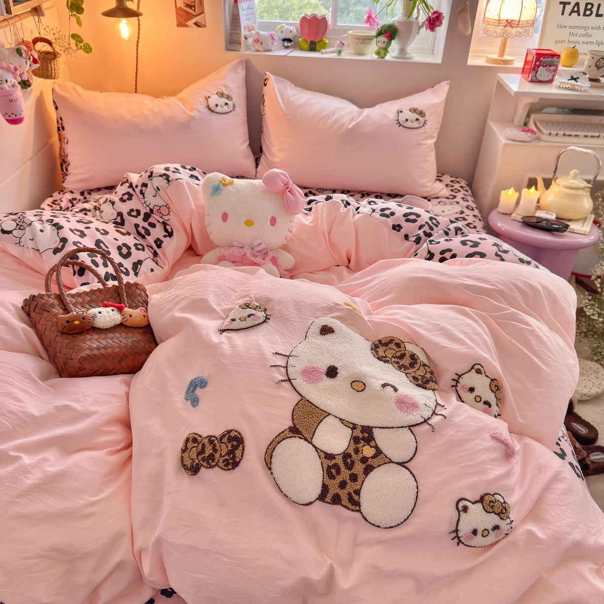 91家纺网 家纺一手货源 找家纺 优卡迪家纺馆 2026新款水洗棉印加绣四件套 豹纹KT-玉粉