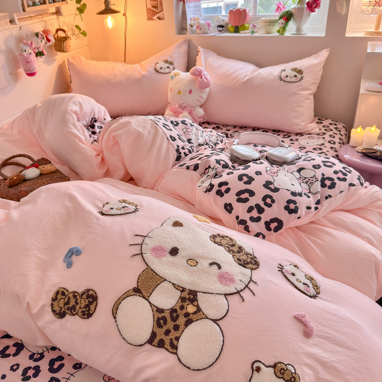 91家纺网 家纺一手货源 找家纺 优卡迪家纺馆 2026新款水洗棉印加绣四件套 豹纹KT-玉粉