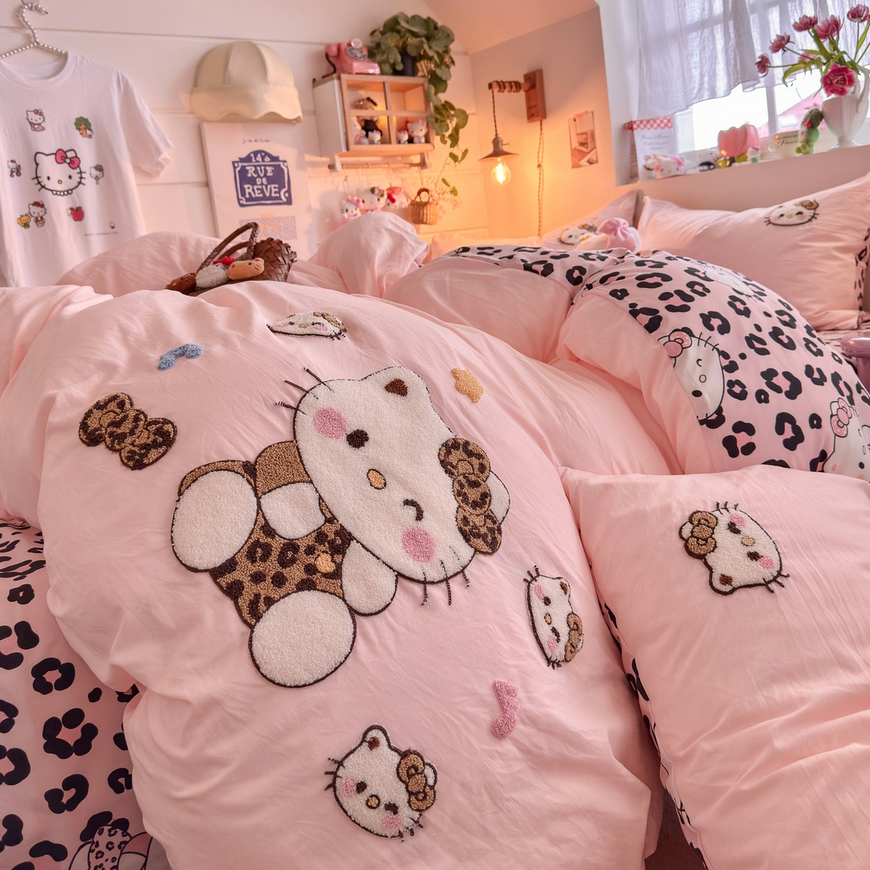 91家纺网 家纺一手货源 找家纺 优卡迪家纺馆 2026新款水洗棉印加绣四件套 豹纹KT-玉粉