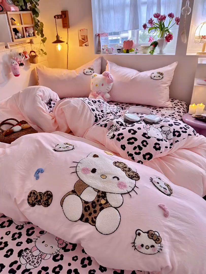 91家纺网 家纺一手货源 找家纺 优卡迪家纺馆 2026新款水洗棉印加绣四件套 豹纹KT-玉粉