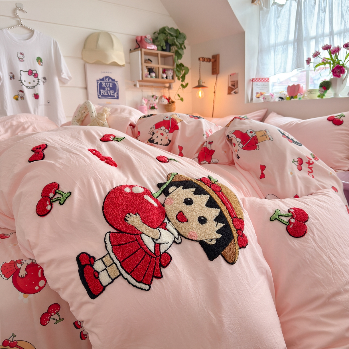 91家纺网 家纺一手货源 找家纺 优卡迪家纺馆 2026新款水洗棉印加绣四件套 草莓女孩-玉粉